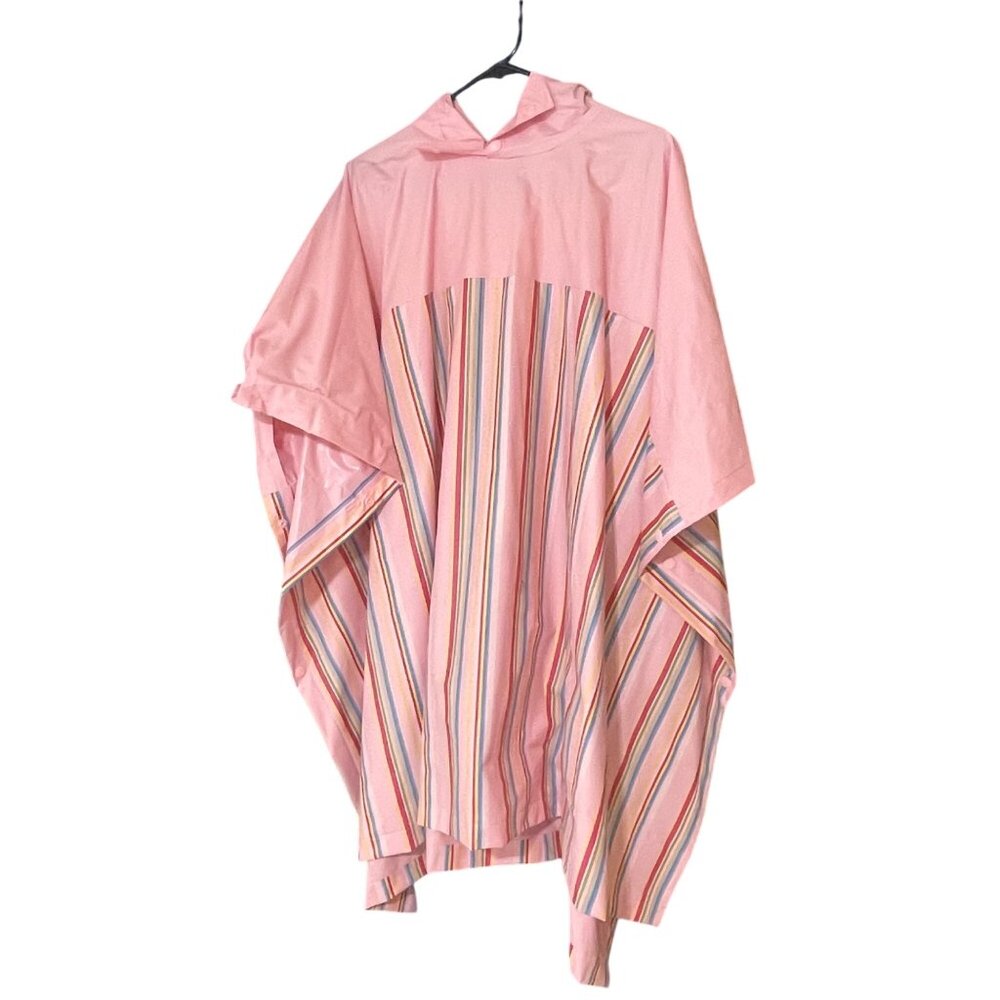 Pink Hooded Rain Poncho With Striped Design 45" X 72" Lightweight Waterproof PVC